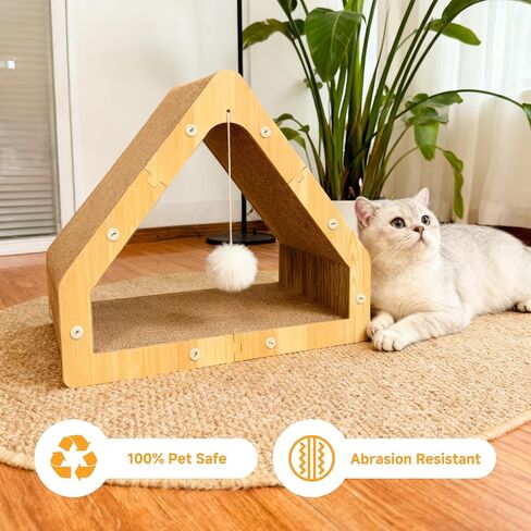 Cat Scratcher House with Hanging Ball - Cozy Corrugated Cardboard Cat Scratching Pad for Indoor Cats/Kittens, Stable Structure & Eco-Friendly in Kuwait