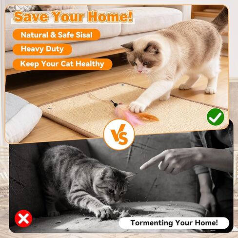 Sisal Cat Scratcher Mat & Wall Scratchers for Indoor Cats - 23.6x15.7 Horizontal Floor Cat Scratch Rugs & Carpet Scratching Pad with Sticky Tapes, Durable Furniture Protector for Couch Sofas in Kuwait
