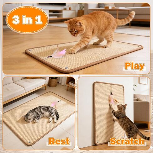 Sisal Cat Scratcher Mat & Wall Scratchers for Indoor Cats - 23.6x15.7 Horizontal Floor Cat Scratch Rugs & Carpet Scratching Pad with Sticky Tapes, Durable Furniture Protector for Couch Sofas in Kuwait