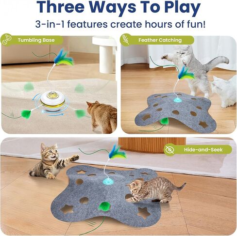 PAWSPIK 3-in-1 Hide & Seek Interactive Cat Toy - Rechargeable Automatic Feather Chasing & Tumbling Peek-A-Boo Exercise Toy for Bored Indoor Cats & Kittens in Kuwait