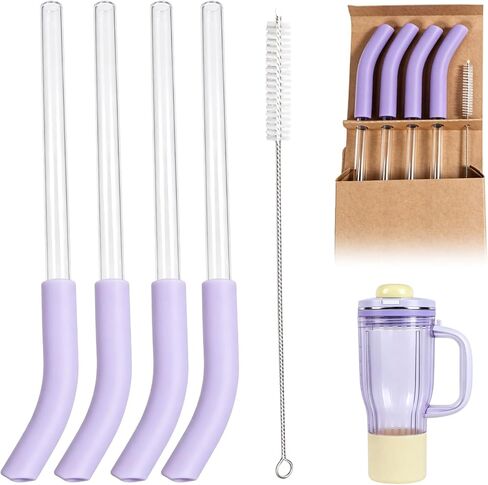 4 Pcs Replacement Glass Straw Compatible with Ninja BlendBOSS 26oz Travel Tumbler, Reusable Smoothie Straws with Cleaning Brush Compatible with Ninja Blendboss Straw（Purple） in Kuwait