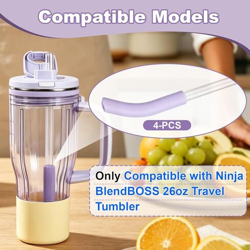 4 Pcs Replacement Glass Straw Compatible with Ninja BlendBOSS 26oz Travel Tumbler, Reusable Smoothie Straws with Cleaning Brush Compatible with Ninja Blendboss Straw（Purple） in Kuwait