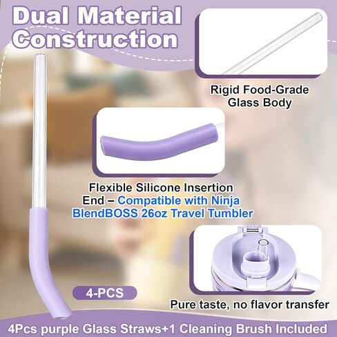 4 Pcs Replacement Glass Straw Compatible with Ninja BlendBOSS 26oz Travel Tumbler, Reusable Smoothie Straws with Cleaning Brush Compatible with Ninja Blendboss Straw（Purple） in Kuwait