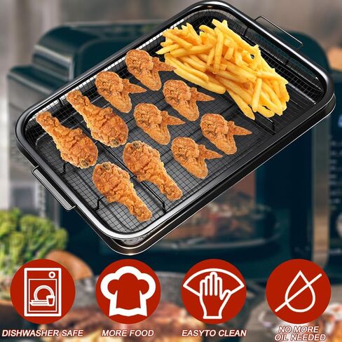 Air Fryer Basket for Oven, 15.6" x 11.6" Extra Large Stainless Steel Air Fryer Tray and Crisper Pan with 50 PCS Parchment Papers, Non-Stick Oven Basket for Baking, Grilling, and Cooking(Black) in Kuwait