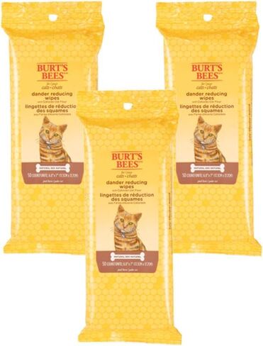 Burt's Bees for Pets Cat Dander Remover Wipes, Colloidal Oat Flour and Aloe to Soothe Dry Skin and Reduce Flaking, Unscented Grooming Cloths for Cats and Kittens, 50 Count - 3 Pack in Kuwait