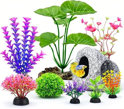 9 ديكورات حوض السمك مجموعة ديكور حوض السمك، مخبأ الكهف الصخري، نباتات حوض السمك الاصطناعية، أرجوحة أوراق بيتا البلاستيكية، إكسسوارات حوض السمك بيتا الذهبية، زخارف صغيرة وكبيرة لوعاء الأسماك in Kuwait