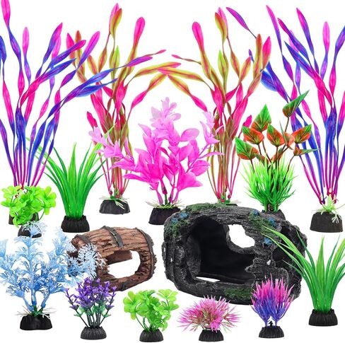 QUOZUO 16 Pcs Aquarium Artificial Plastic Plants Decorations and Broken Barrels Set, Colorful Fish Tank Accessories Hideout Ornaments Aquarium Decor Set in Kuwait