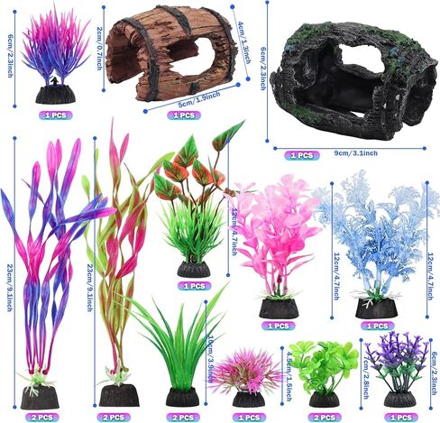 QUOZUO 16 Pcs Aquarium Artificial Plastic Plants Decorations and Broken Barrels Set, Colorful Fish Tank Accessories Hideout Ornaments Aquarium Decor Set in Kuwait