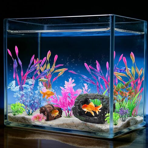 QUOZUO 16 Pcs Aquarium Artificial Plastic Plants Decorations and Broken Barrels Set, Colorful Fish Tank Accessories Hideout Ornaments Aquarium Decor Set in Kuwait