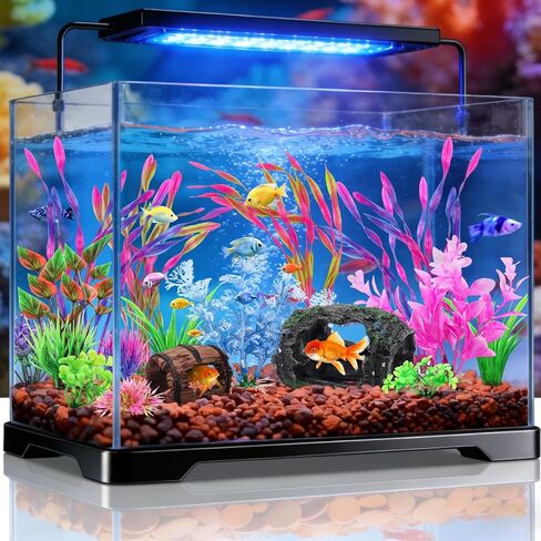 QUOZUO 16 Pcs Aquarium Artificial Plastic Plants Decorations and Broken Barrels Set, Colorful Fish Tank Accessories Hideout Ornaments Aquarium Decor Set in Kuwait