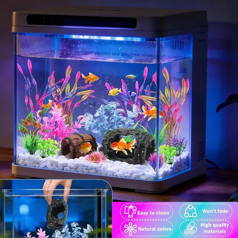 QUOZUO 16 Pcs Aquarium Artificial Plastic Plants Decorations and Broken Barrels Set, Colorful Fish Tank Accessories Hideout Ornaments Aquarium Decor Set in Kuwait