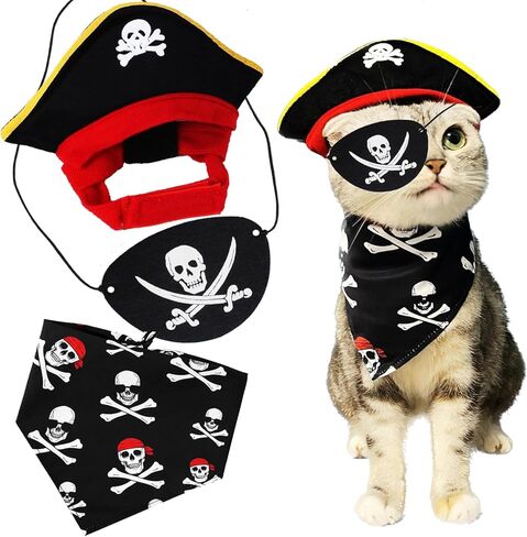 Cat Pirate Costume Set, Halloween Pet Outfit with Pirate Hat, Eye Patch, and Skull Crossbones Bandana in Kuwait