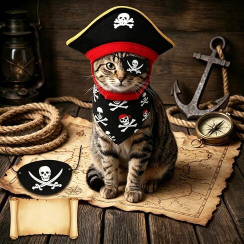Cat Pirate Costume Set, Halloween Pet Outfit with Pirate Hat, Eye Patch, and Skull Crossbones Bandana in Kuwait