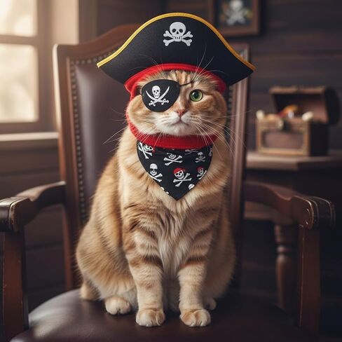 Cat Pirate Costume Set, Halloween Pet Outfit with Pirate Hat, Eye Patch, and Skull Crossbones Bandana in Kuwait
