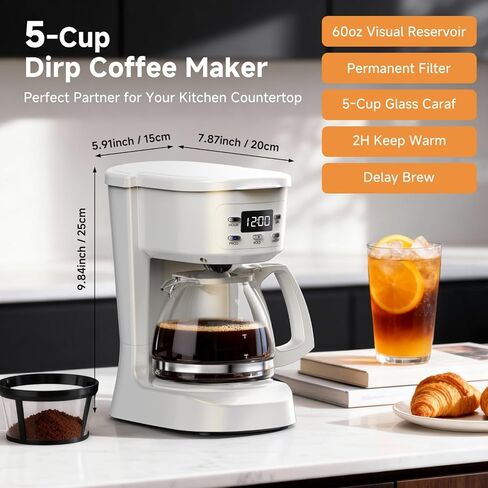 Coffee Maker, 5 Cup Drip Coffee Machine with Glass Carafe, 20 Hours Programmable Timer, 2 Hours Keep Warm, Compatible with Ground&Tea – Portable Small Cafetera for Home, Office, Travel&Camping-White in Saudi Arabia
