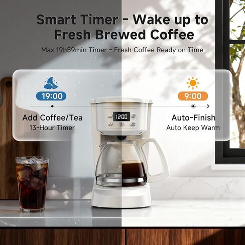 Coffee Maker, 5 Cup Drip Coffee Machine with Glass Carafe, 20 Hours Programmable Timer, 2 Hours Keep Warm, Compatible with Ground&Tea – Portable Small Cafetera for Home, Office, Travel&Camping-White in Saudi Arabia