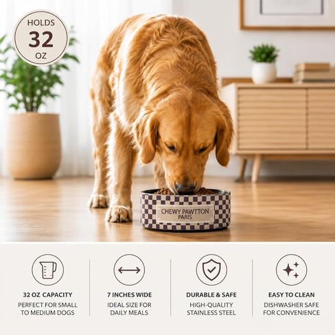 Chewypawtton Designer Inspired Luxury Dog Bowl Premium Stainless Steel Pet Feeding & Water Bowl, Non-Slip Insulated Dish, Gift-Ready for Chic Dog Lovers (ChewyPawtton, 32 oz) in Kuwait