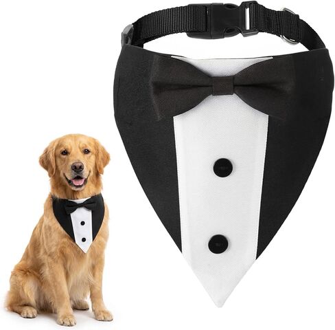 Formal Dog Tuxedo Collar with Bow Tie, Adjustable Wedding Bandana Collar Costume for Medium Large Dog, Black and White, Polyester, Size L: Neck 15-24.8 Inch in Kuwait