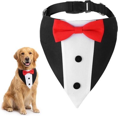 Formal Dog Tuxedo Collar with Bow Tie, Adjustable Wedding Bandana Collar Costume for Medium Large Dog, Black and White, Polyester, Size L: Neck 15-24.8 Inch in Saudi Arabia
