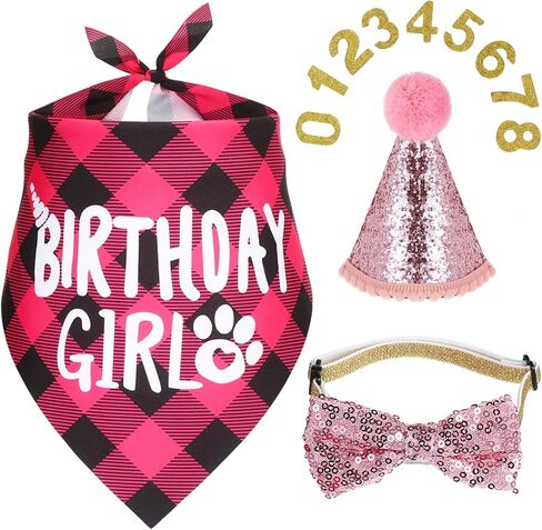 Pink Dog Birthday Bandana Set, Dog Birthday Party Supplies with Hat Bandana Bow Tie Numbers Adjustable Pet Anniversary Outfit for Small Girl Pets Puppy in Kuwait