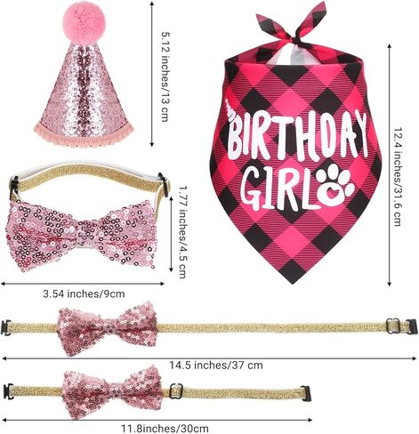 Pink Dog Birthday Bandana Set, Dog Birthday Party Supplies with Hat Bandana Bow Tie Numbers Adjustable Pet Anniversary Outfit for Small Girl Pets Puppy in Kuwait