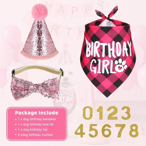 Pink Dog Birthday Bandana Set, Dog Birthday Party Supplies with Hat Bandana Bow Tie Numbers Adjustable Pet Anniversary Outfit for Small Girl Pets Puppy in Kuwait