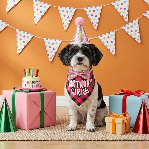 Pink Dog Birthday Bandana Set, Dog Birthday Party Supplies with Hat Bandana Bow Tie Numbers Adjustable Pet Anniversary Outfit for Small Girl Pets Puppy in Kuwait