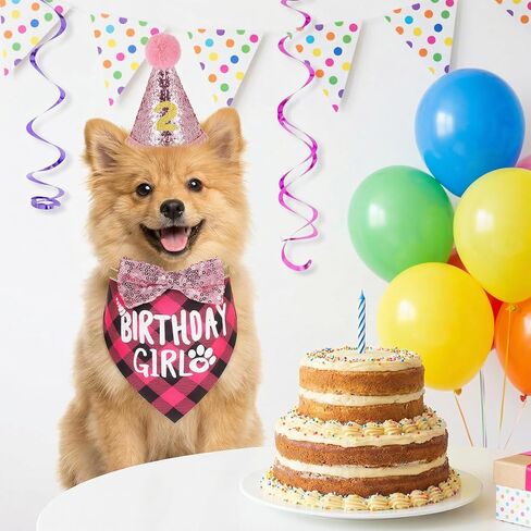 Pink Dog Birthday Bandana Set, Dog Birthday Party Supplies with Hat Bandana Bow Tie Numbers Adjustable Pet Anniversary Outfit for Small Girl Pets Puppy in Kuwait