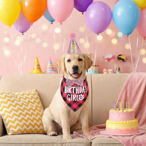 Pink Dog Birthday Bandana Set, Dog Birthday Party Supplies with Hat Bandana Bow Tie Numbers Adjustable Pet Anniversary Outfit for Small Girl Pets Puppy in Kuwait