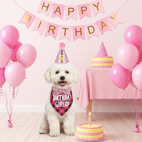 Pink Dog Birthday Bandana Set, Dog Birthday Party Supplies with Hat Bandana Bow Tie Numbers Adjustable Pet Anniversary Outfit for Small Girl Pets Puppy in Kuwait