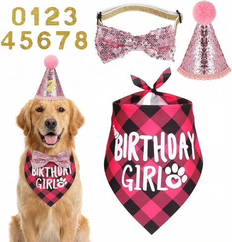 Pink Dog Birthday Bandana Set, Dog Birthday Party Supplies with Hat Bandana Bow Tie Numbers Adjustable Pet Anniversary Outfit for Small Girl Pets Puppy in Kuwait