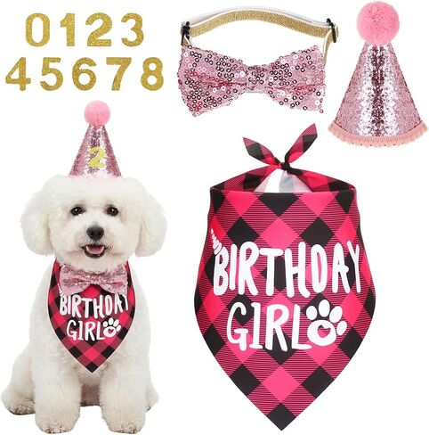 Pink Dog Birthday Bandana Set, Dog Birthday Party Supplies with Hat Bandana Bow Tie Numbers Adjustable Pet Anniversary Outfit for Small Girl Pets Puppy in Kuwait