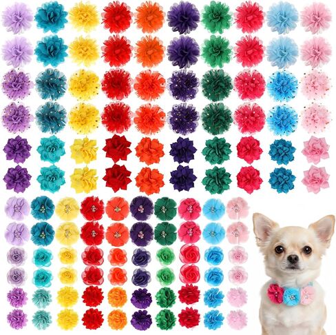120 Pcs Dog Collar Flower Bow Accessories Bulk, Flowers Pet Bowtie Floral Cat Accessory, Multi Color Dog Charms Bow Tie Pet Flower Charms Holiday Puppy Bows Ties for Puppy Pets Grooming Accessories in Kuwait
