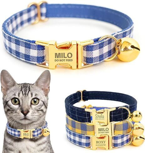 Plaid Personalized Polyester Cat Collar with Bell and Bow Tie - Custom Engraved Name & Phone Number, Adjustable Kitten Collar 【Non-Breakaway】, Multiple Colors Available in Saudi Arabia