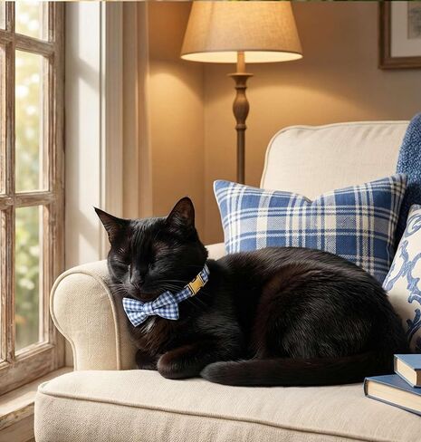 Plaid Personalized Polyester Cat Collar with Bell and Bow Tie - Custom Engraved Name & Phone Number, Adjustable Kitten Collar 【Non-Breakaway】, Multiple Colors Available in Saudi Arabia
