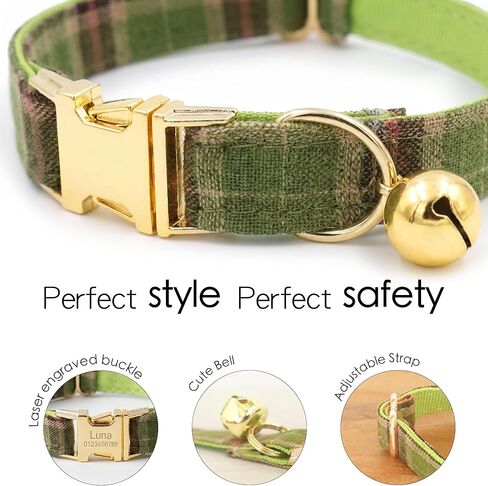 Plaid Personalized Polyester Cat Collar with Bell and Bow Tie - Custom Engraved Name & Phone Number, Adjustable Kitten Collar 【Non-Breakaway】, Multiple Colors Available in Saudi Arabia