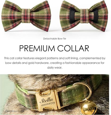 Plaid Personalized Polyester Cat Collar with Bell and Bow Tie - Custom Engraved Name & Phone Number, Adjustable Kitten Collar 【Non-Breakaway】, Multiple Colors Available in Saudi Arabia