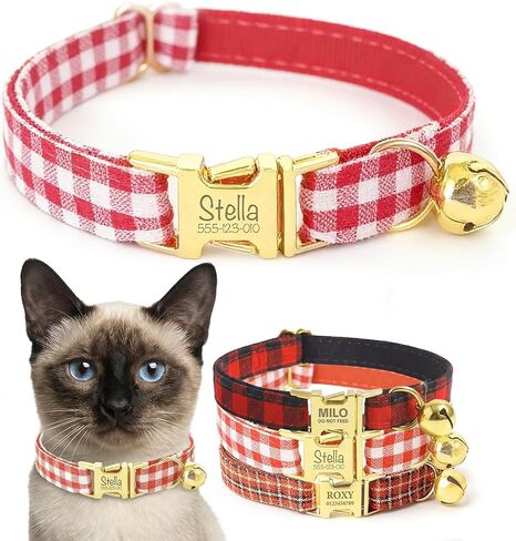 Plaid Personalized Polyester Cat Collar with Bell and Bow Tie - Custom Engraved Name & Phone Number, Adjustable Kitten Collar 【Non-Breakaway】, Multiple Colors Available in Kuwait