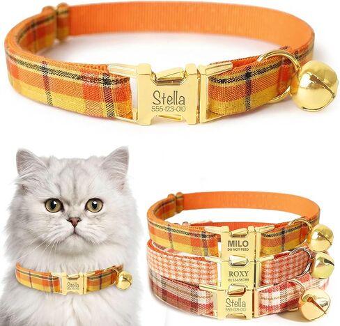 Plaid Personalized Polyester Cat Collar with Bell and Bow Tie - Custom Engraved Name & Phone Number, Adjustable Kitten Collar 【Non-Breakaway】, Multiple Colors Available in Saudi Arabia
