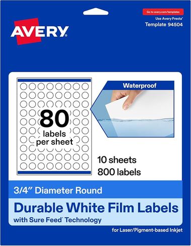 Avery Durable Waterproof Round Labels with Sure Feed, 0.75" Diameter, 2,000 Oil and Tear-Resistant Waterproof Labels, Print-to-The-Edge, Laser/Pigment-Based Inkjet Printable Labels in Saudi Arabia