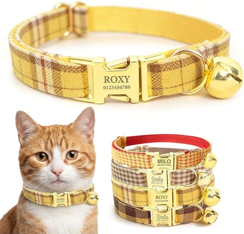 Plaid Personalized Polyester Cat Collar with Bell and Bow Tie - Custom Engraved Name & Phone Number, Adjustable Kitten Collar 【Non-Breakaway】, Multiple Colors Available in Saudi Arabia