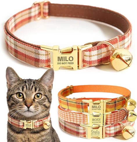 Plaid Personalized Polyester Cat Collar with Bell and Bow Tie - Custom Engraved Name & Phone Number, Adjustable Kitten Collar 【Non-Breakaway】, Multiple Colors Available in Saudi Arabia
