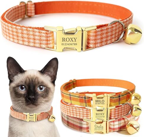 Plaid Personalized Polyester Cat Collar with Bell and Bow Tie - Custom Engraved Name & Phone Number, Adjustable Kitten Collar 【Non-Breakaway】, Multiple Colors Available in Saudi Arabia