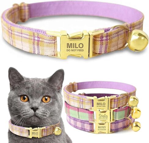 Plaid Personalized Polyester Cat Collar with Bell and Bow Tie - Custom Engraved Name & Phone Number, Adjustable Kitten Collar 【Non-Breakaway】, Multiple Colors Available in Saudi Arabia