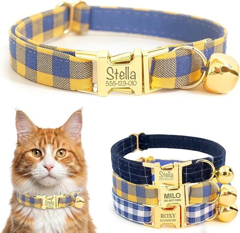 Plaid Personalized Polyester Cat Collar with Bell and Bow Tie - Custom Engraved Name & Phone Number, Adjustable Kitten Collar 【Non-Breakaway】, Multiple Colors Available in Saudi Arabia