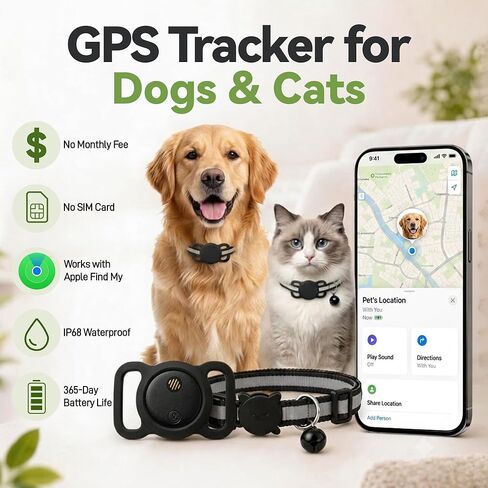 GPS Tracker for Dogs & Cats, Smart Dog Tracker for Collar, No Monthly Fee or SIM Card, IP68 Waterproof Rating & Mini Ultra-Thin Design, 365-Day Battery Life, iOS Only in Kuwait