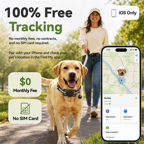 GPS Tracker for Dogs & Cats, Smart Dog Tracker for Collar, No Monthly Fee or SIM Card, IP68 Waterproof Rating & Mini Ultra-Thin Design, 365-Day Battery Life, iOS Only in Kuwait