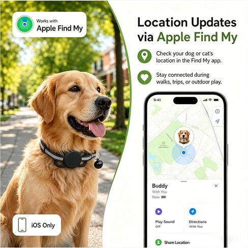 GPS Tracker for Dogs & Cats, Smart Dog Tracker for Collar, No Monthly Fee or SIM Card, IP68 Waterproof Rating & Mini Ultra-Thin Design, 365-Day Battery Life, iOS Only in Kuwait