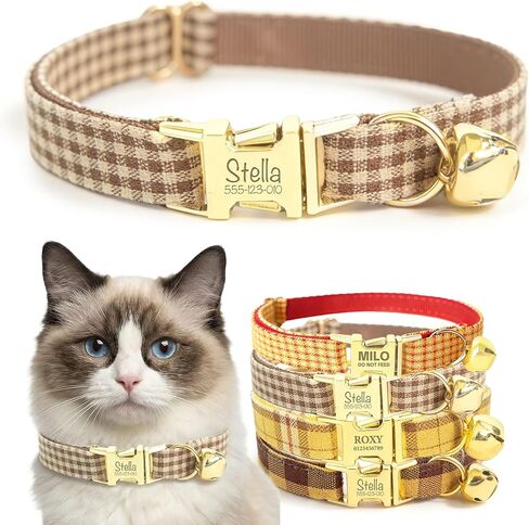 Plaid Personalized Polyester Cat Collar with Bell and Bow Tie - Custom Engraved Name & Phone Number, Adjustable Kitten Collar 【Non-Breakaway】, Multiple Colors Available in Saudi Arabia