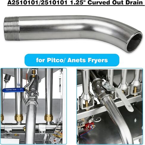 A2510101 أنبوب تصريف المقلاة، 1.25 بوصة منحني للخارج مناسب لمقالي Pitco/Anets، والمغاسل وأجزاء تمديد أنابيب تصريف البخار (فضي) in Kuwait